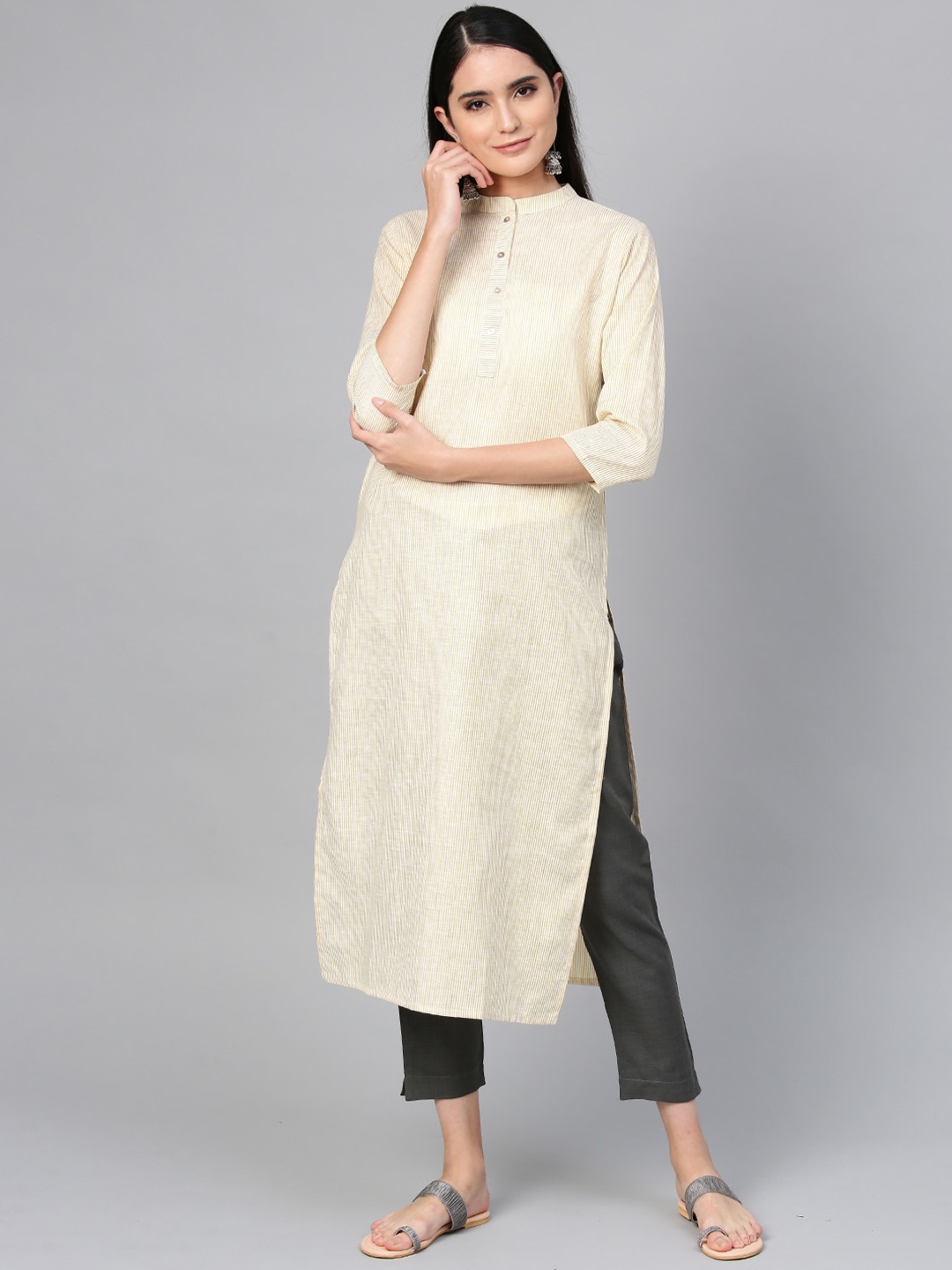 

Indo Era Women Beige & White Striped Kurta