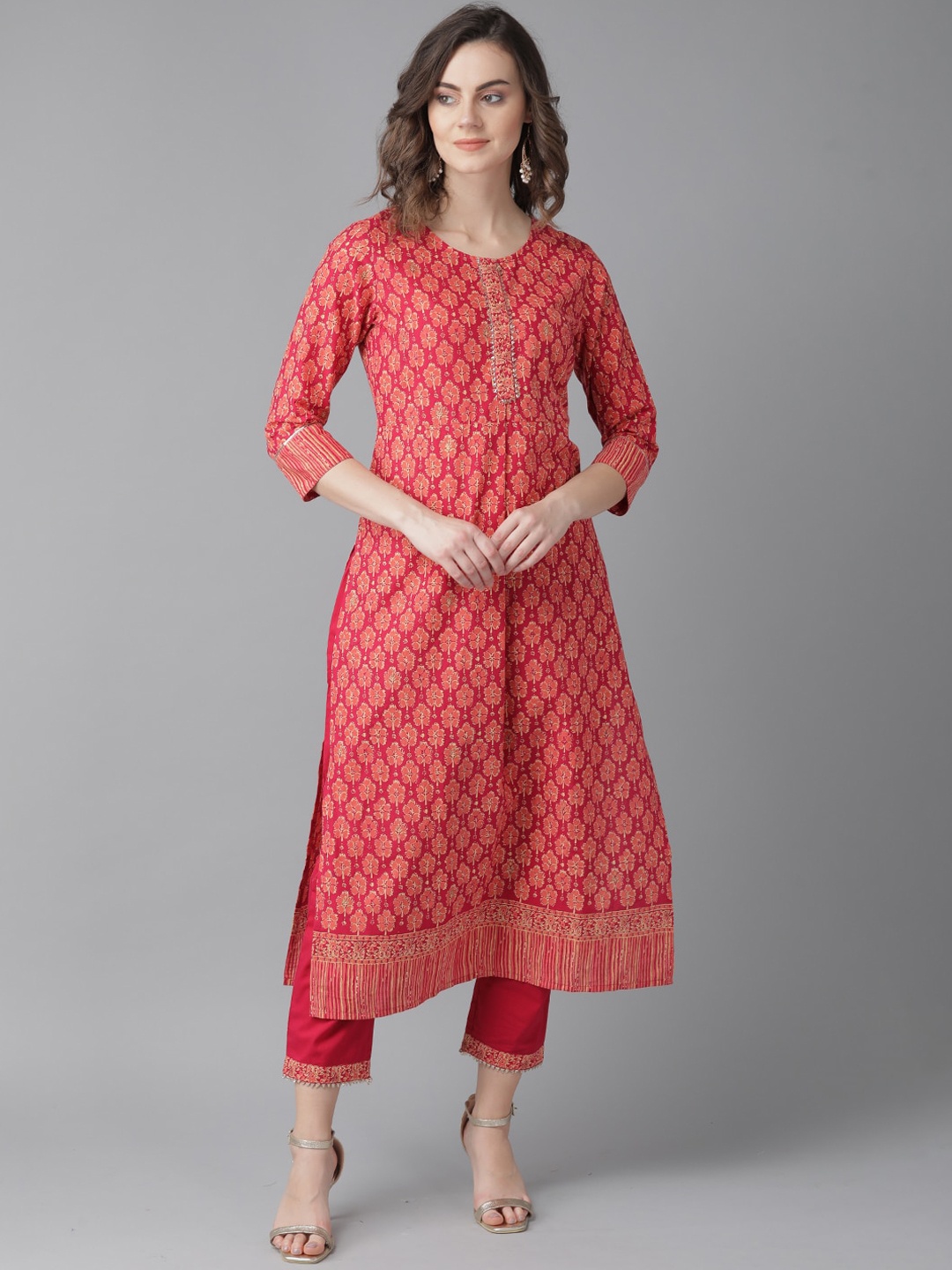 

Indo Era Women Pink Ethnic Motifs Printed Pleated Pure Cotton Kurti with Trousers
