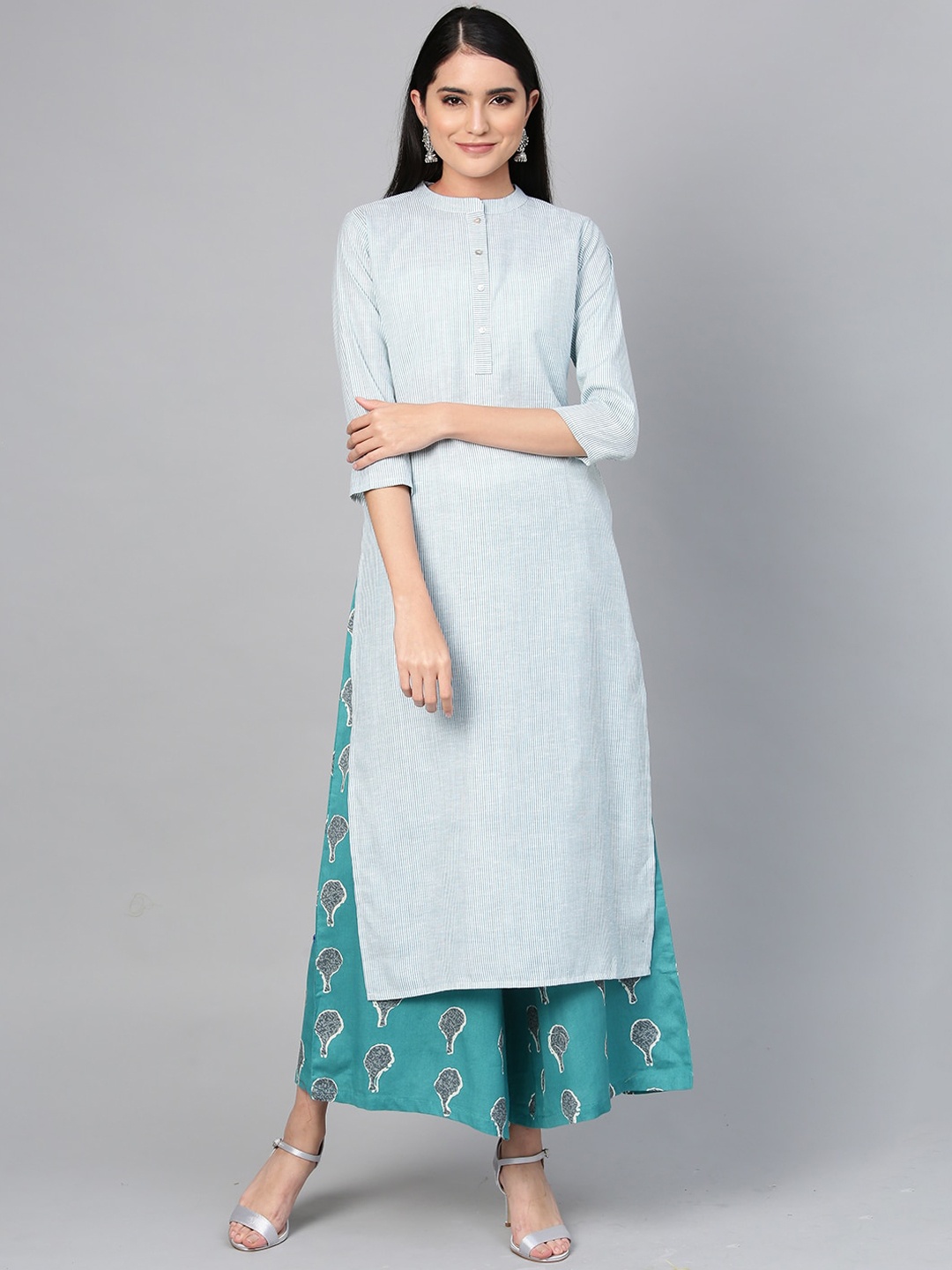 

Indo Era Women Sea Green & White Striped Printed Kurta