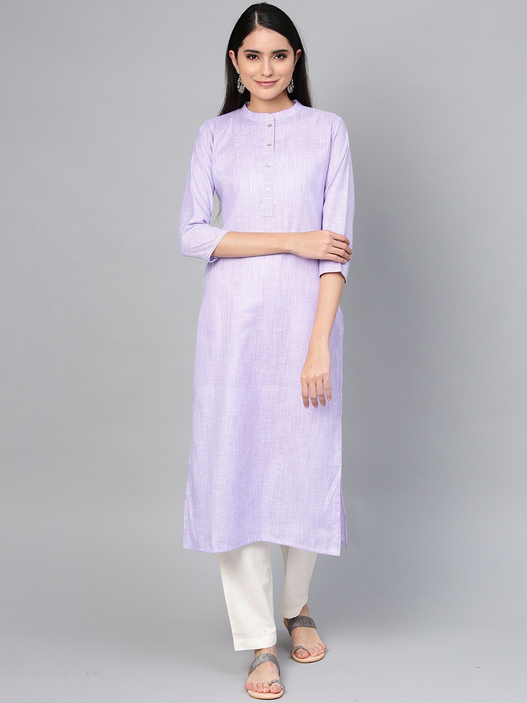 

Indo Era Women Purple & White Striped Kurta