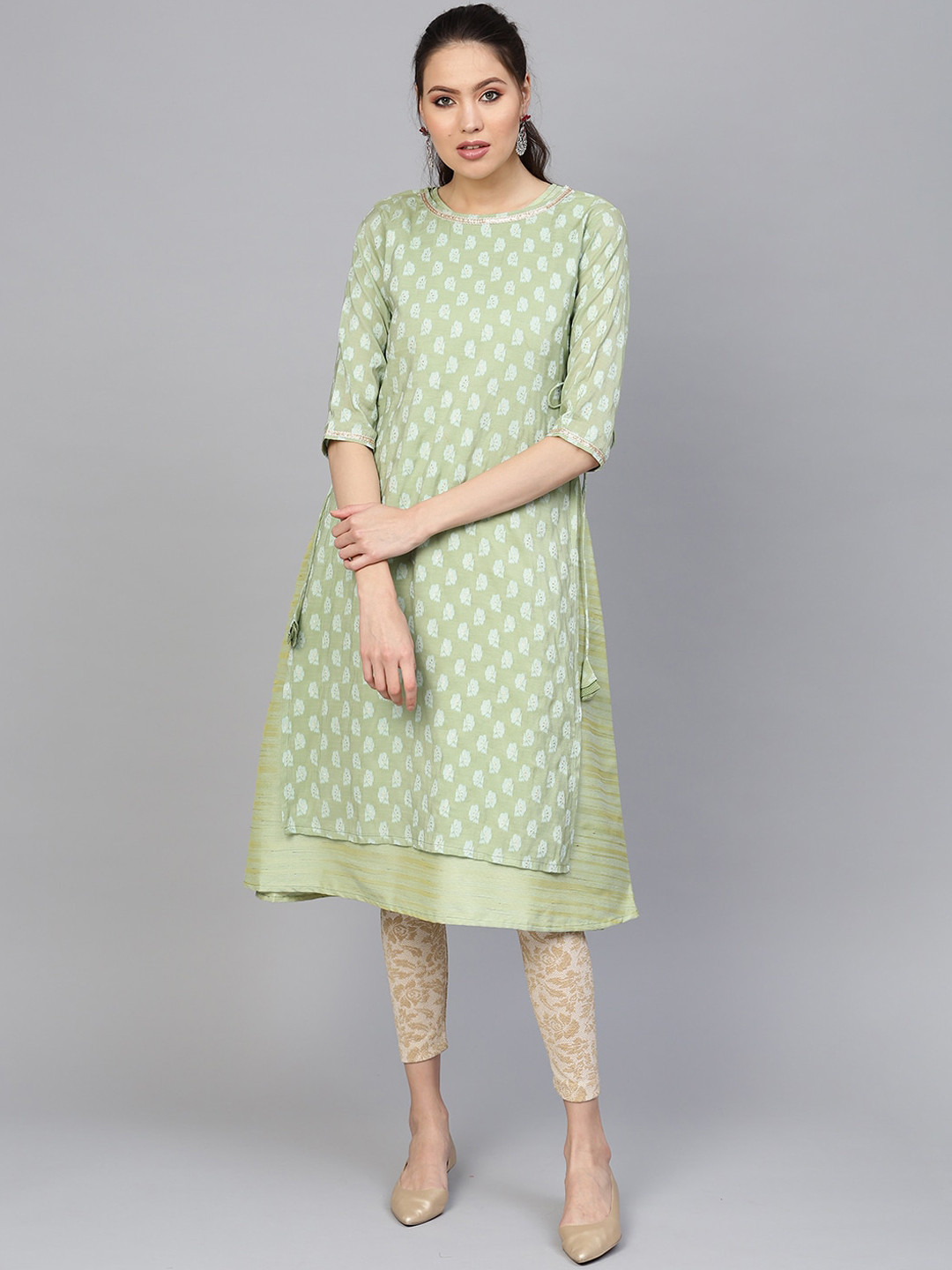

Indo Era Women Sea Green Ethnic Motifs Printed Cotton Silk Kurta
