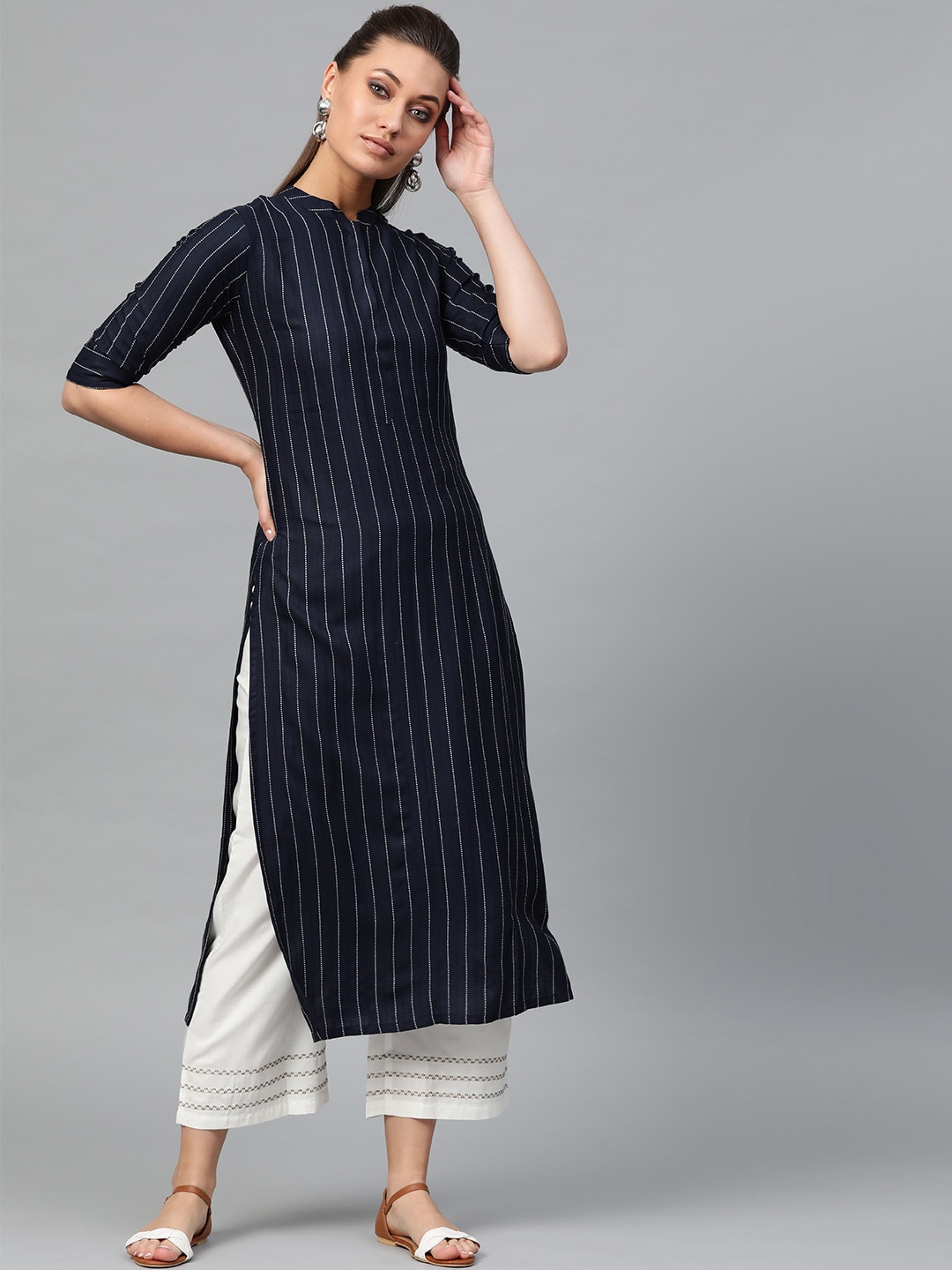 

Indo Era Women Blue Striped Kurta