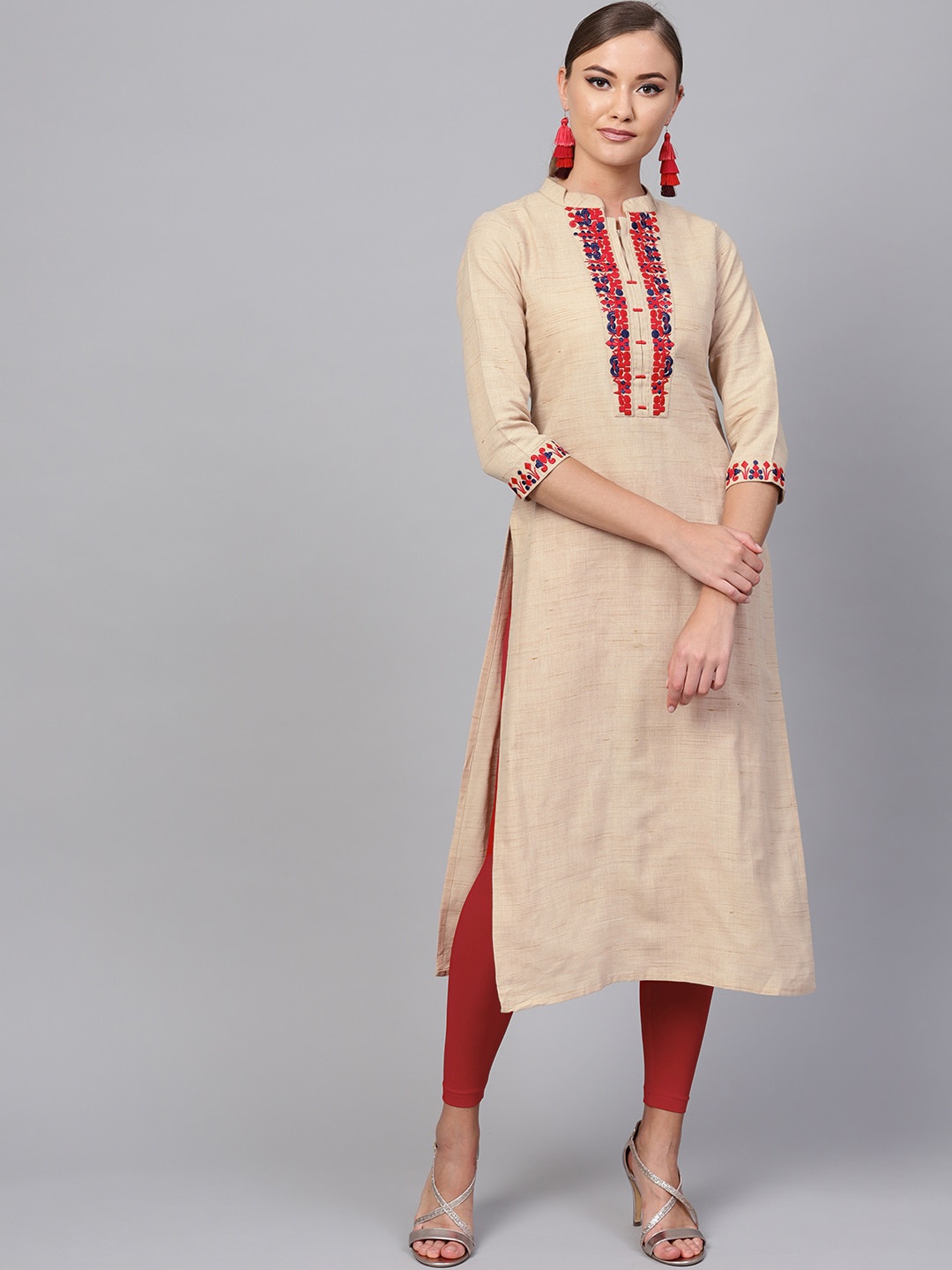 

Indo Era Women Beige & Red Ethnic Motifs Embroidered Kurta