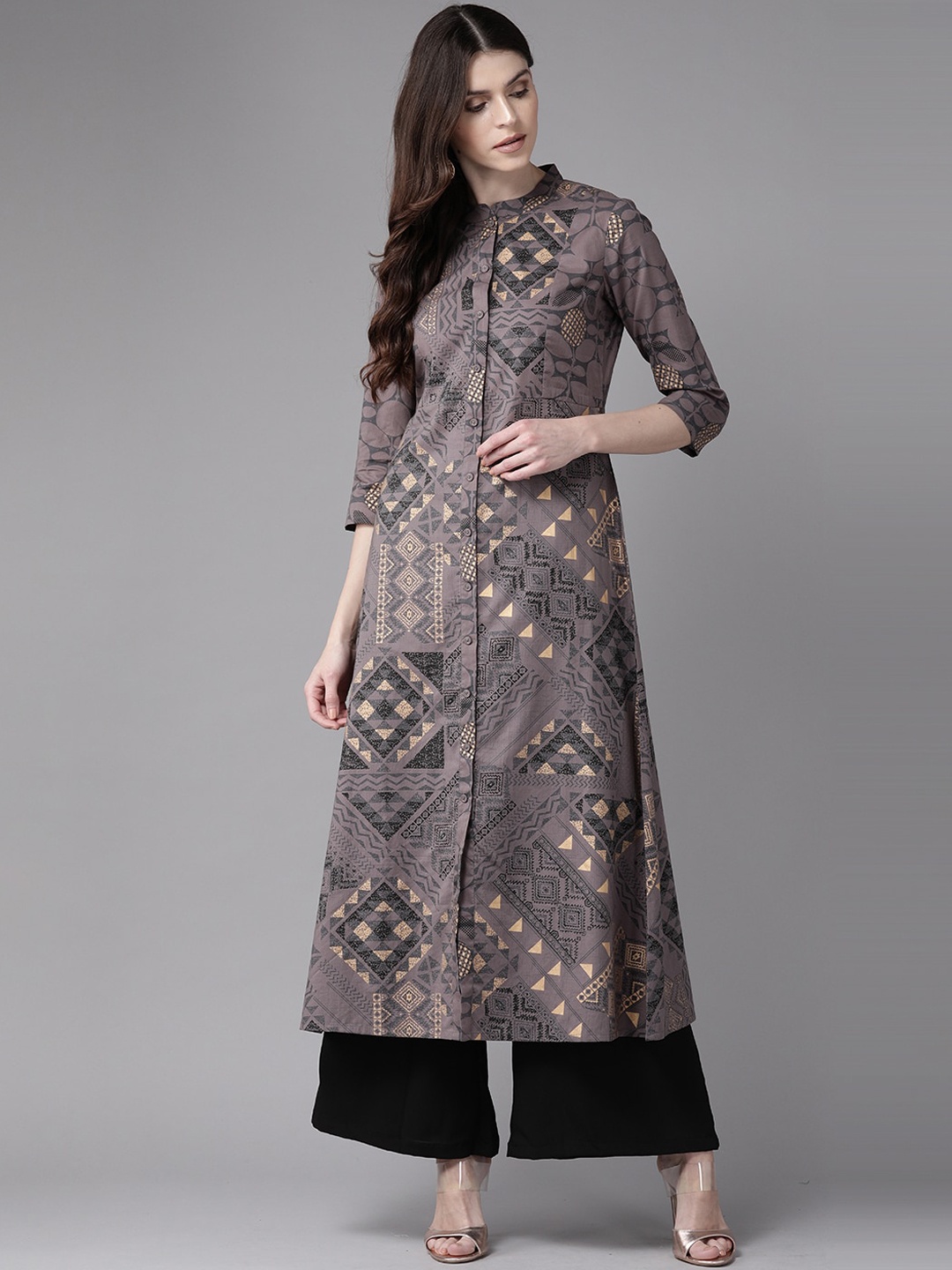 

Indo Era Women Grey Geometric Printed Cotton Kurta