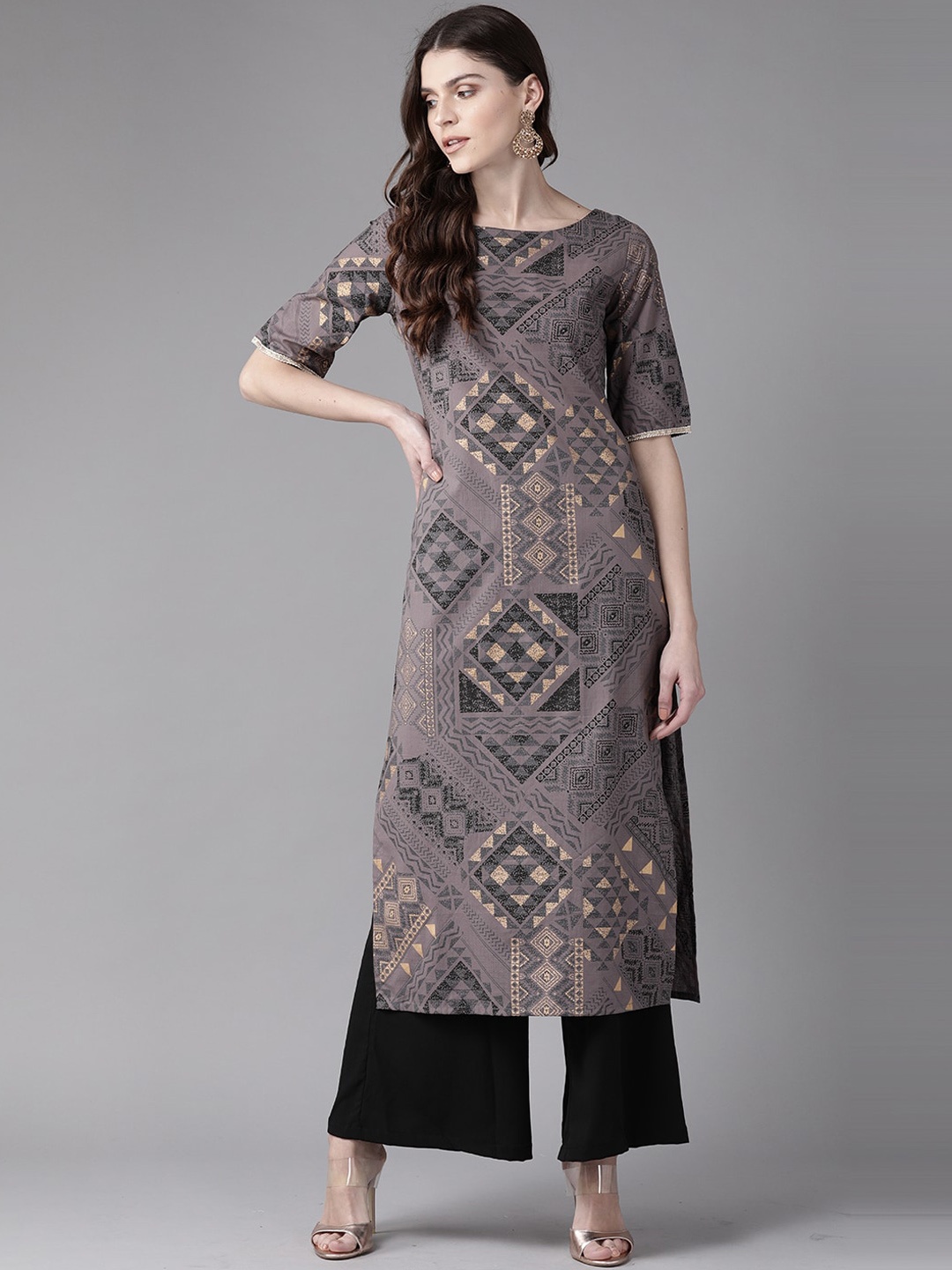 

Indo Era Women Grey Geometric Printed Cotton Kurta