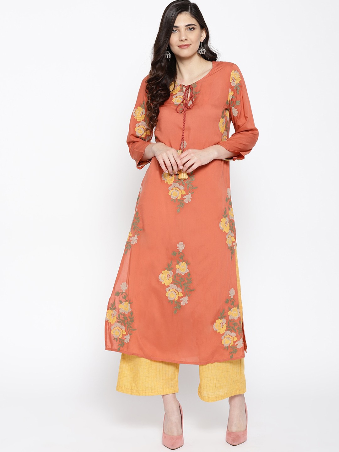 

Indo Era Women Rust Floral Printed Keyhole Neck Kurta