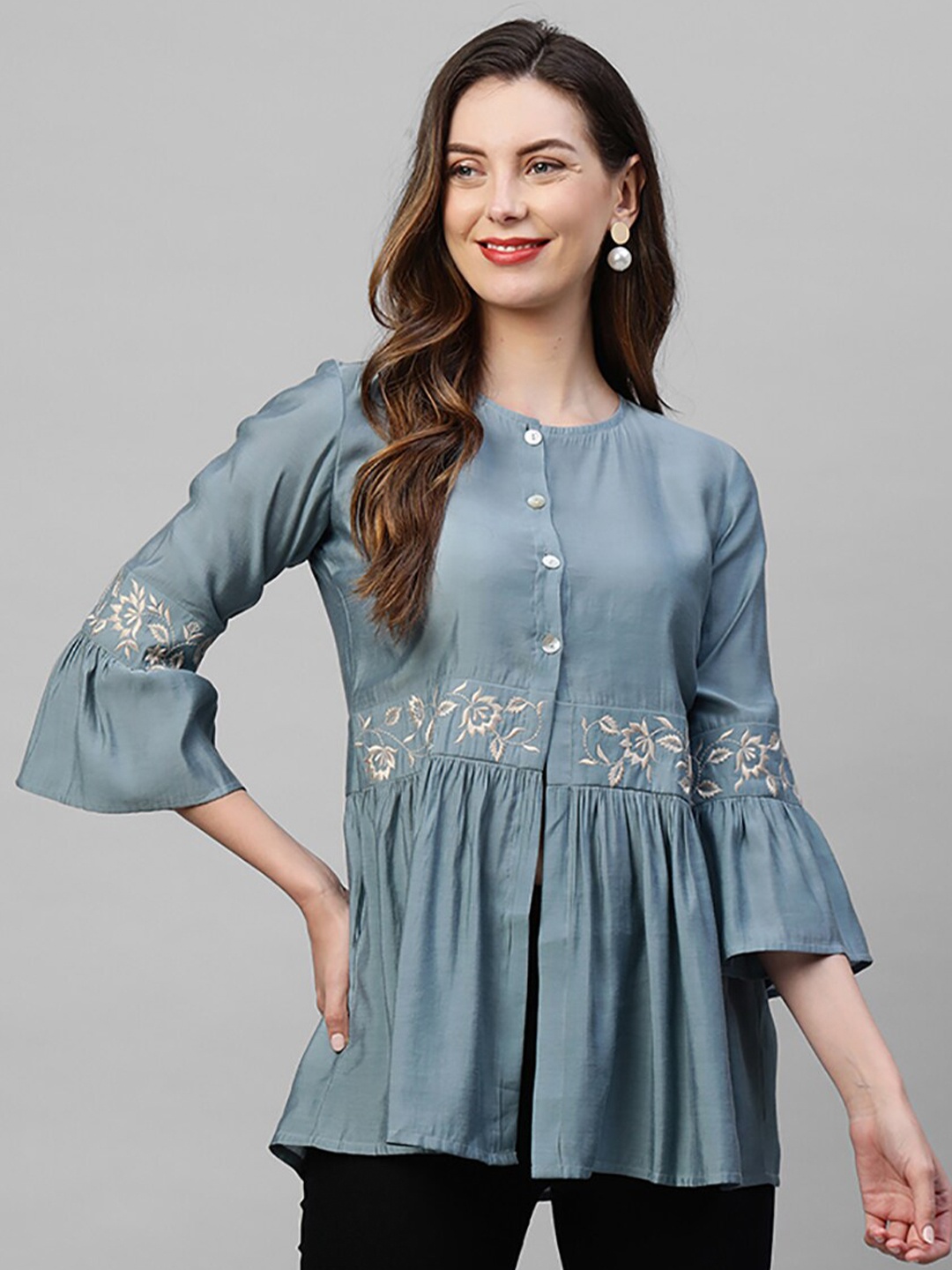 

Indo Era Women Grey & Blue Floral Embroidered Empire Kurti