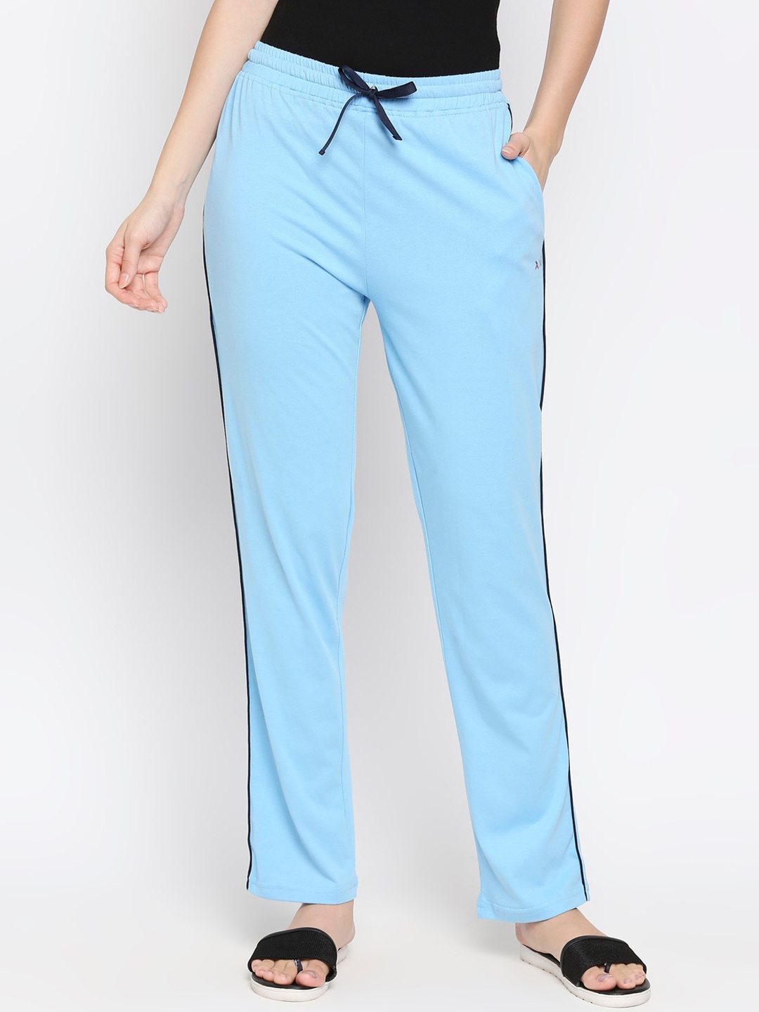 

XIN Women Blue Solid Pure Cotton Relaxed-Fit Lounge Pants