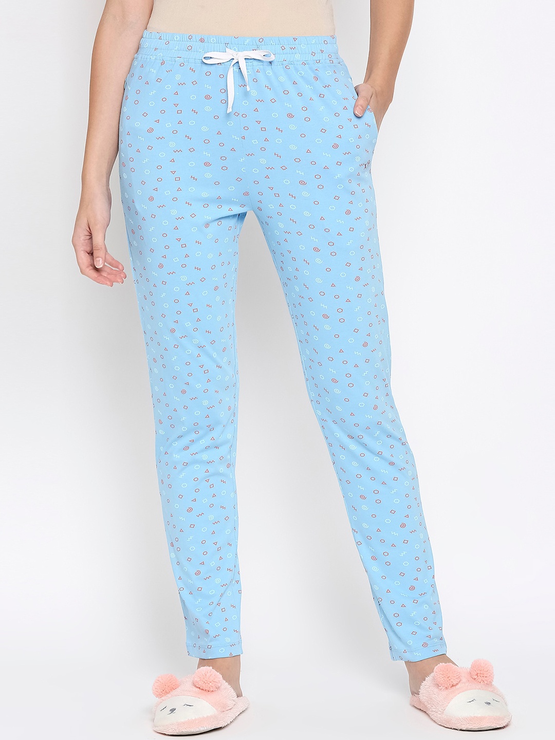 

XIN Women Blue Pure Cotton Geometric Printed Cotton Lounge Pants