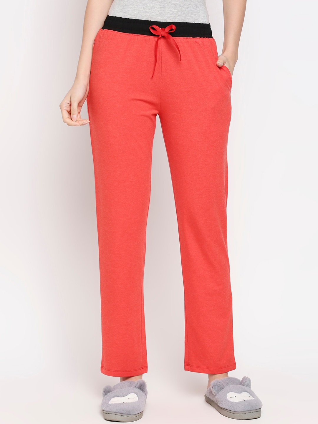 

XIN Women Red Pure Cotton Relaxed-Fit Lounge Pants
