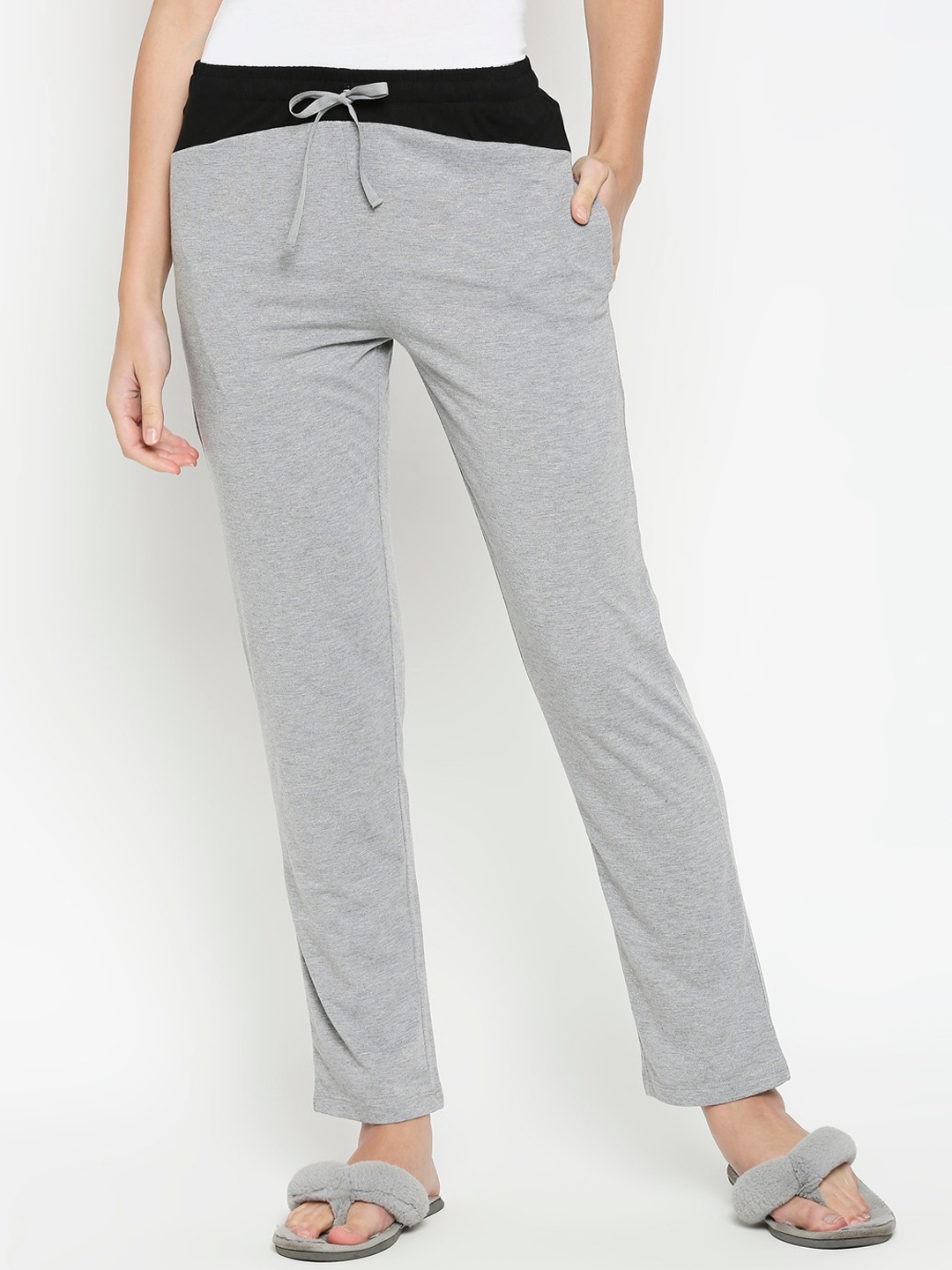 

XIN Women Grey Melange Solid Pure Cotton Relaxed-Fit Lounge Pants