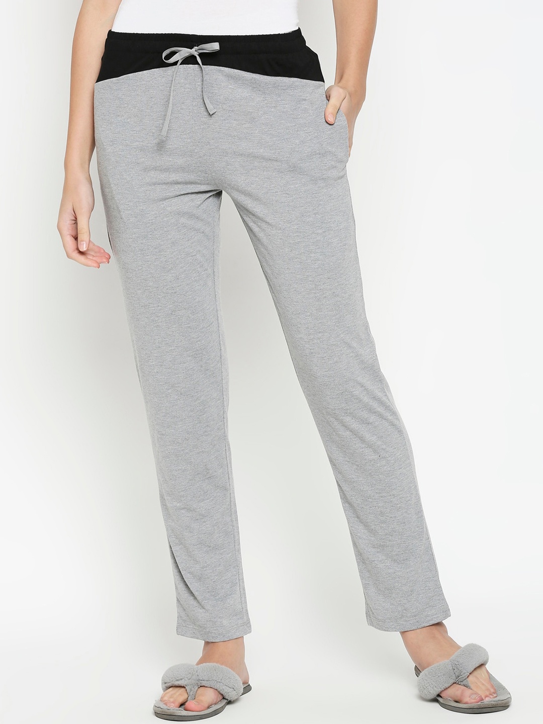 

XIN Women Grey Melange Pure Cotton Relaxed-Fit Lounge Pants