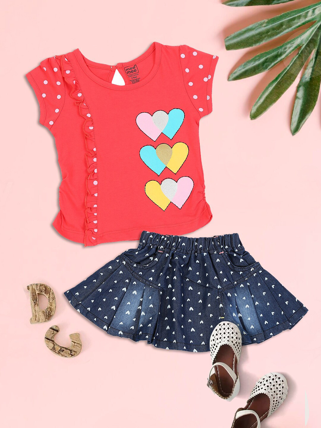 

MeeMee Girls Red & Navy Blue Printed T-shirt with Skirt