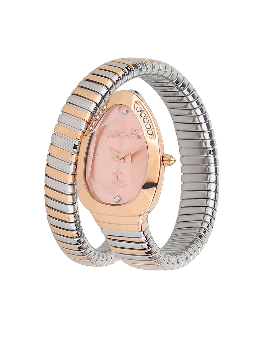 

Just Cavalli Women Rose Gold-Toned Brass Embellished Dial & Silver Toned Stainless Steel Wrap Around Straps Watch