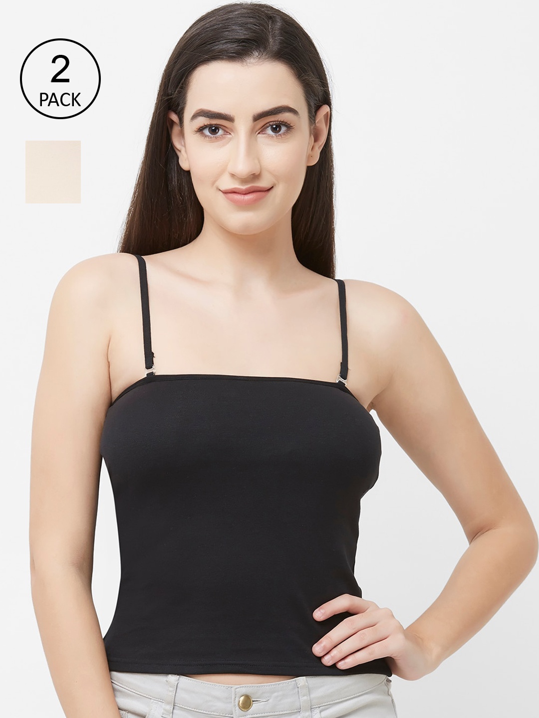 

FashionRack Women Pack Of 2 Black & Beige Solid Cotton Camisole