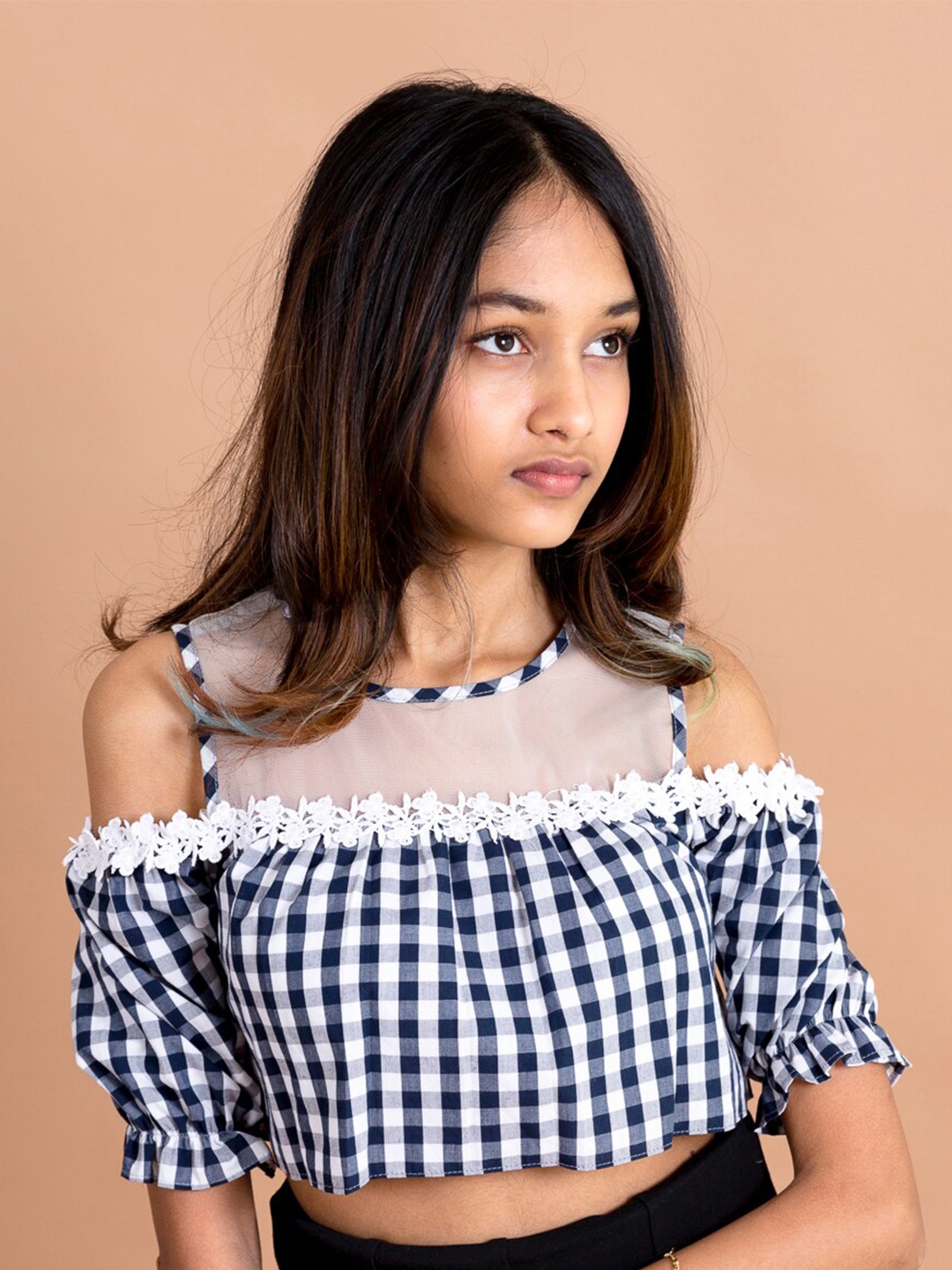 

pspeaches Blue Checked Sheer Crop Top