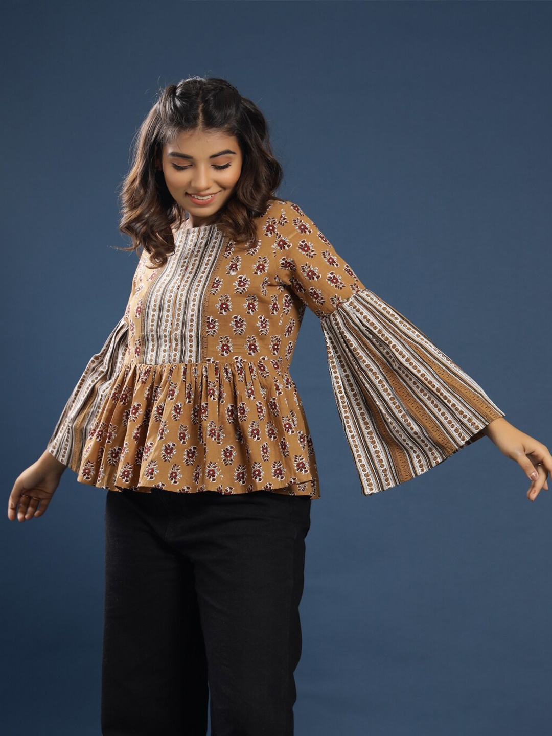 

KALINI Brown & White Block Print Cotton Peplum Top