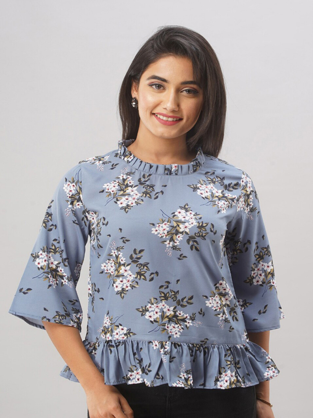 

KALINI Grey & White Floral Print Crepe Top