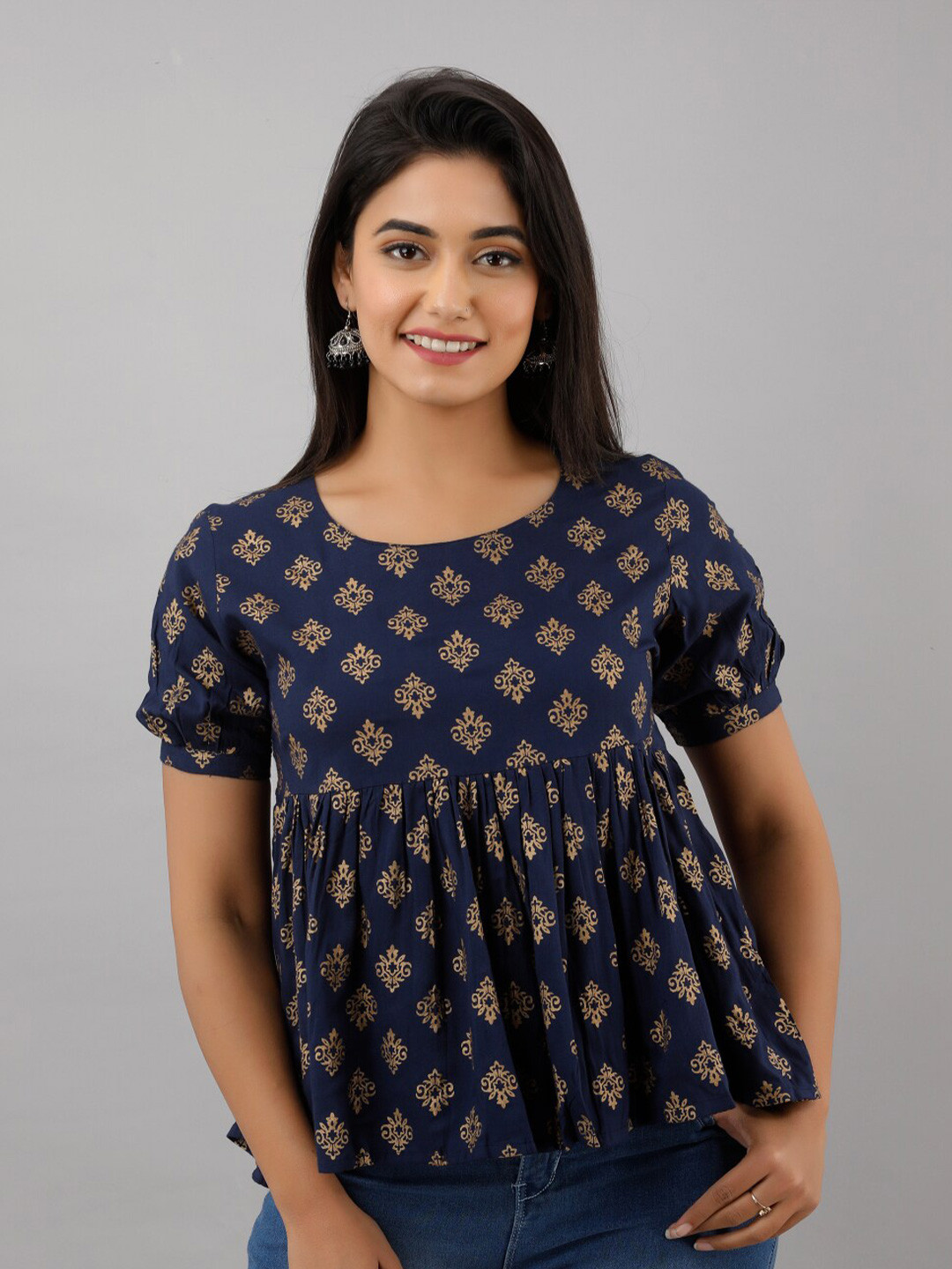 

KALINI Blue Floral Gold Print Empire Top