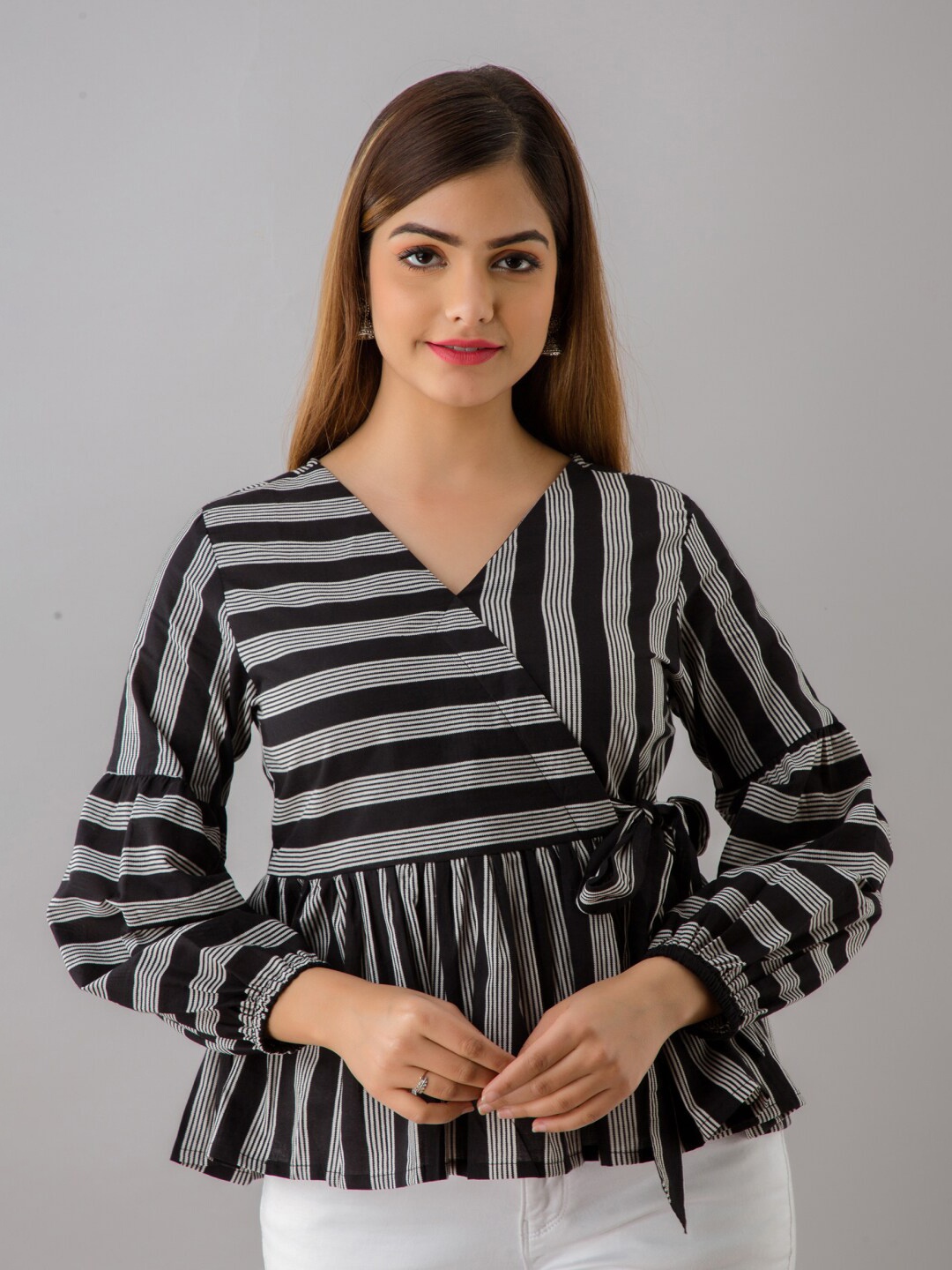 

KALINI Black & White Striped Pure Cotton Wrap Top