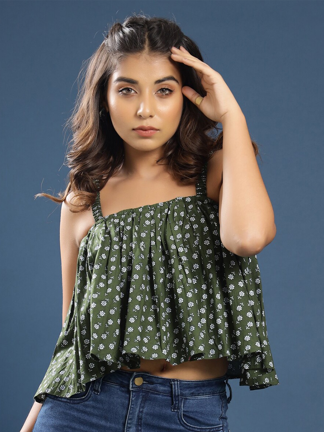 

KALINI Green Block Print Bardot Crop Top