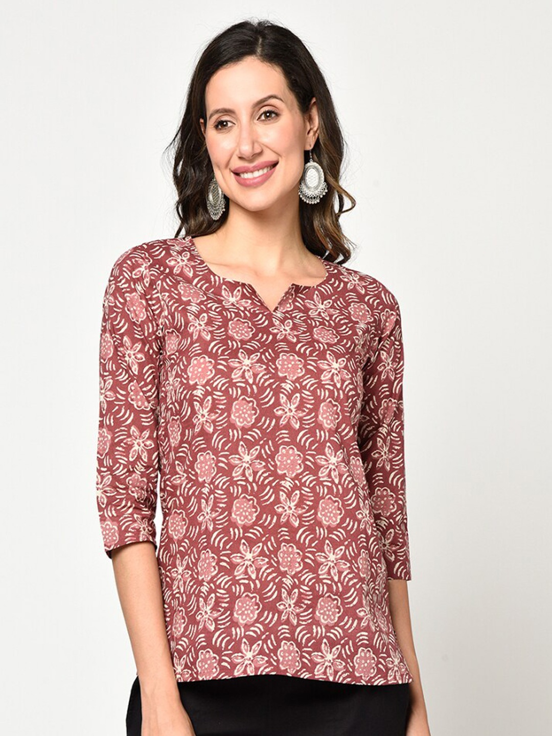 

KALINI Women Pink Floral Printed Cotton Keyhole Neck Top