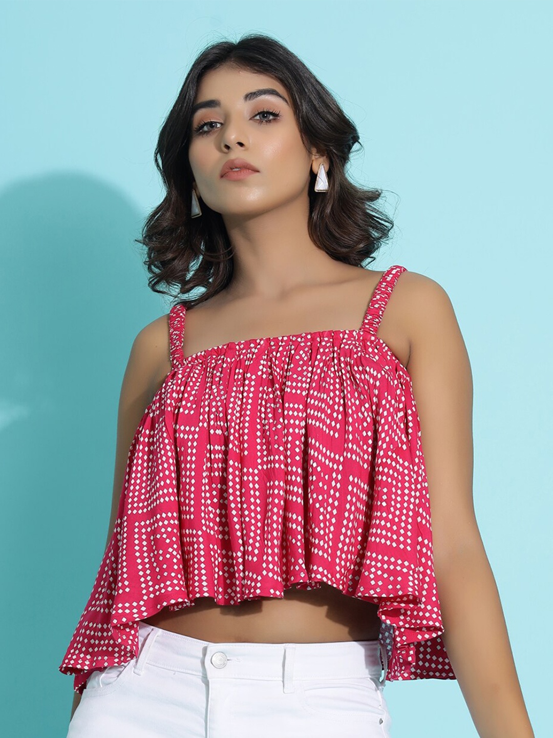 

KALINI Fuchsia & White Geometric Print Asymmetric A-line Crop Top
