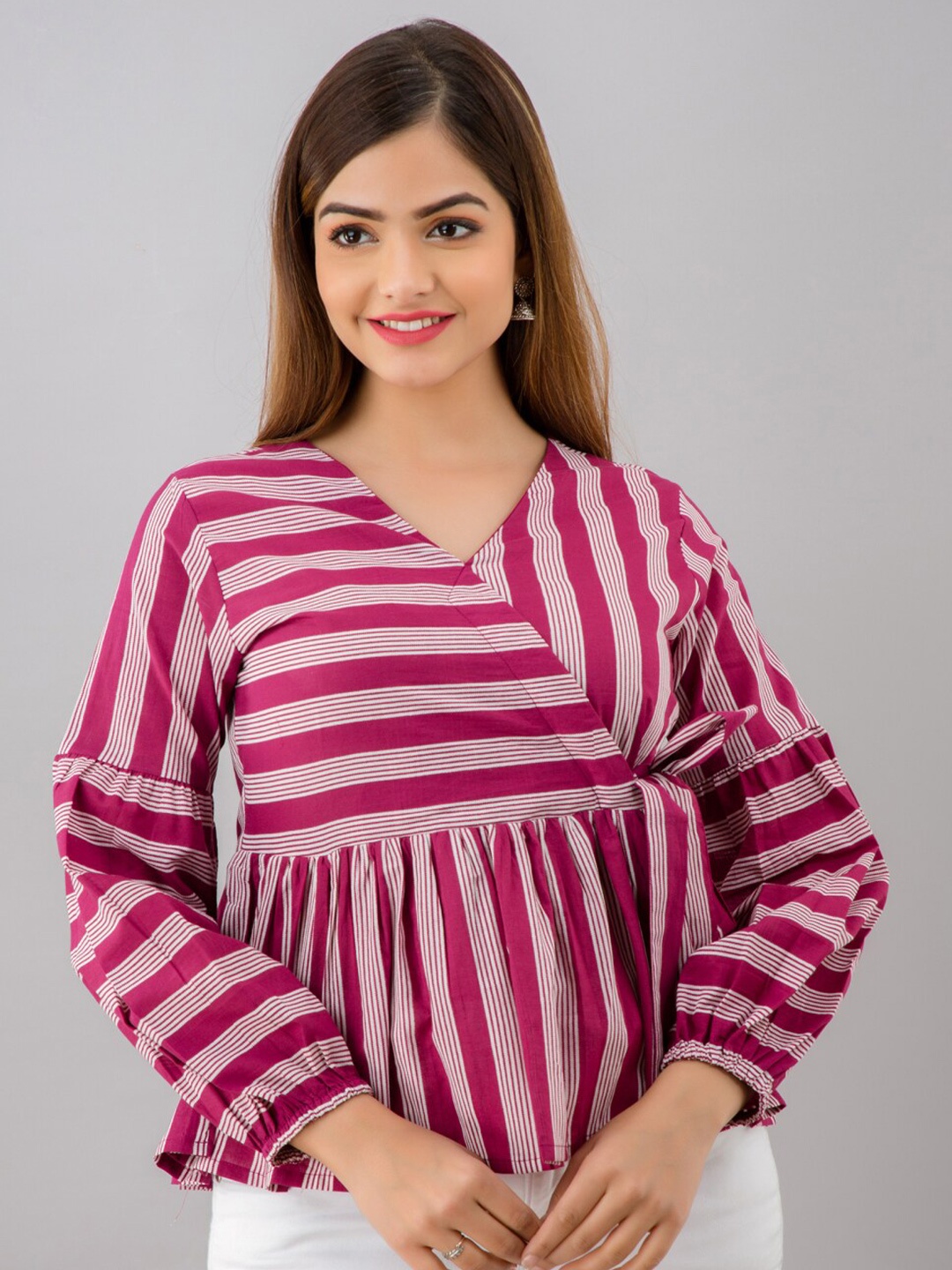 

KALINI Pink & White Striped Crepe Wrap Top