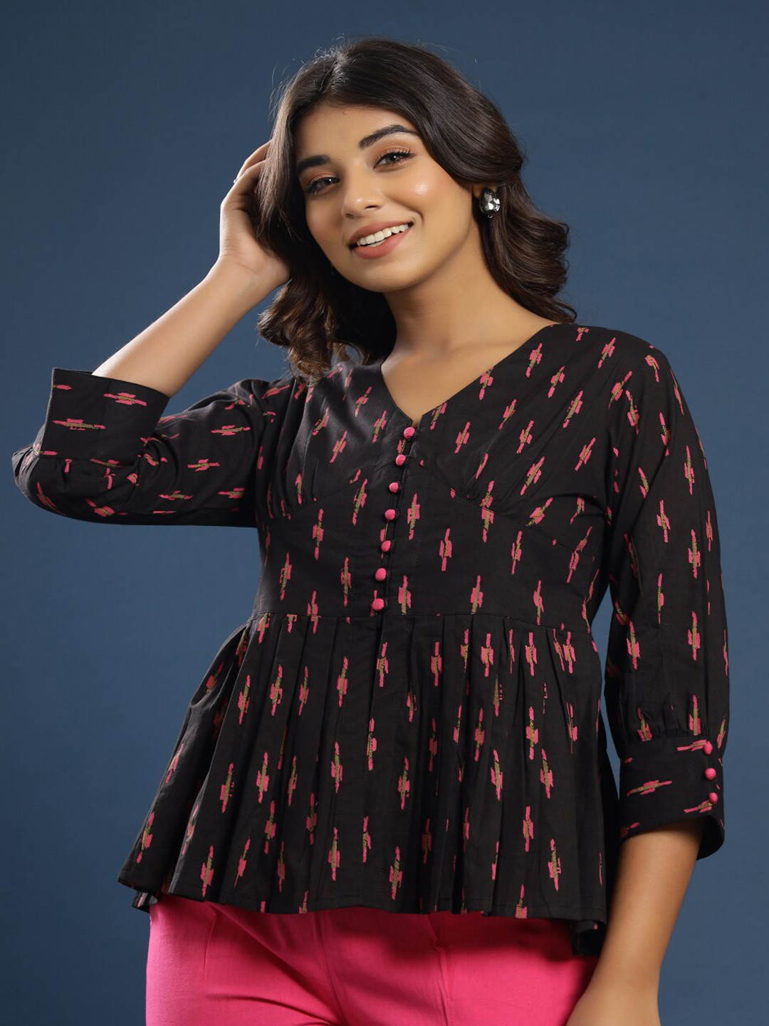 

KALINI Black Ikat Print Pure Cotton Top