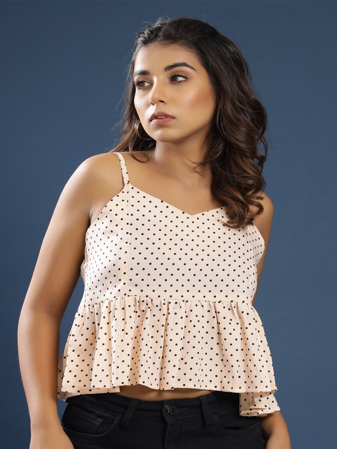 

KALINI Peach-Coloured Print Crepe Peplum Crop Top