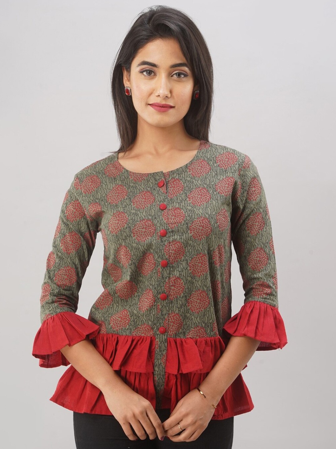 

KALINI Grey & Red Ethnic Motifs Print Pure Cotton Top