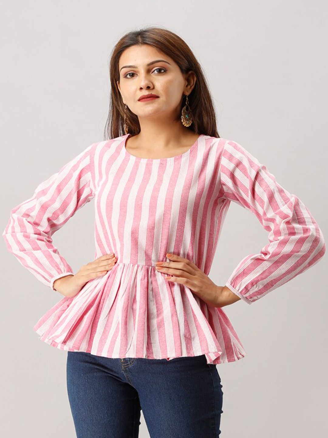 

KALINI Women Pink Striped Cotton Cinched Waist Top