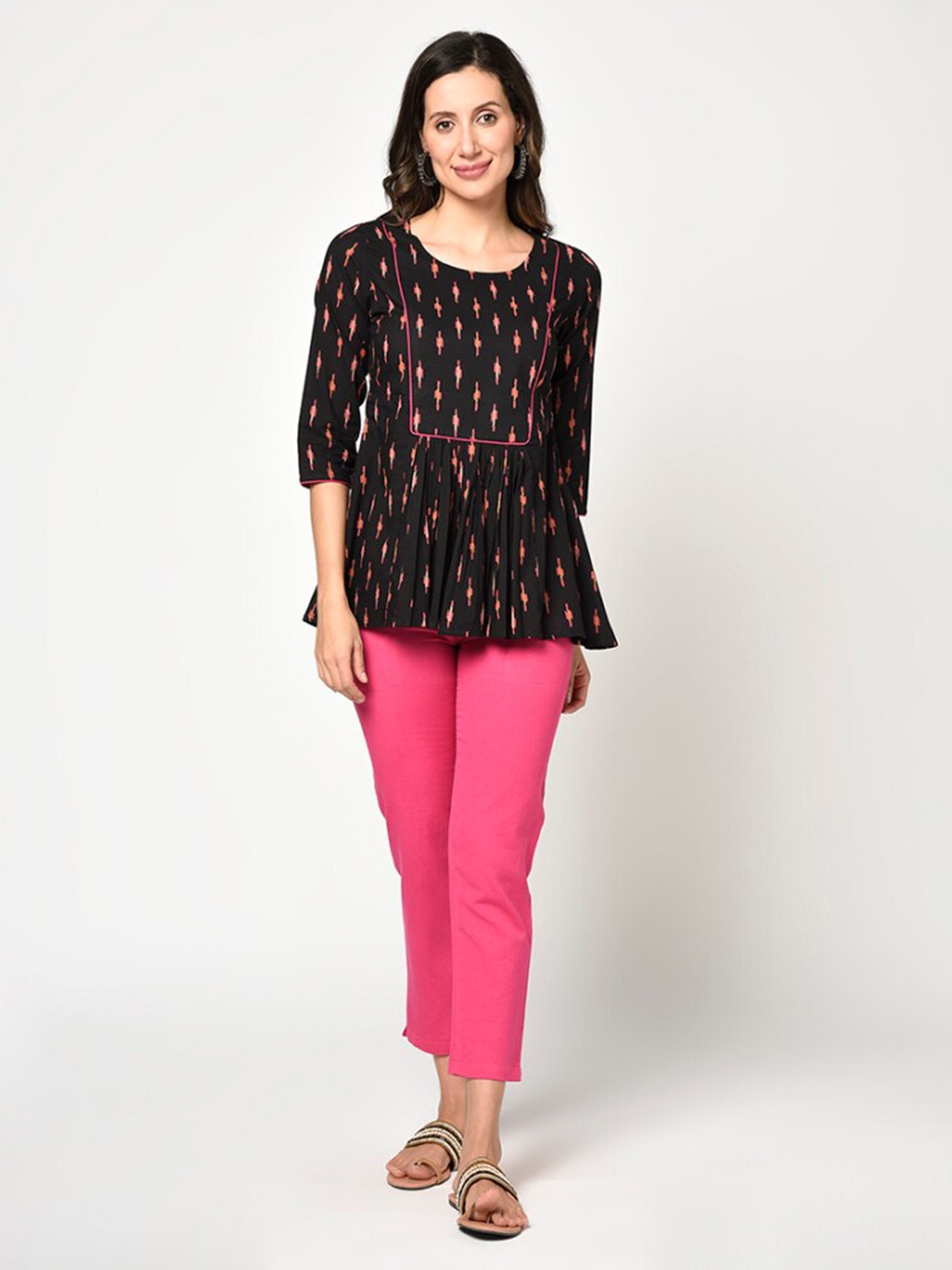 

KALINI Black & Pink Ikat Print Pure Cotton Top