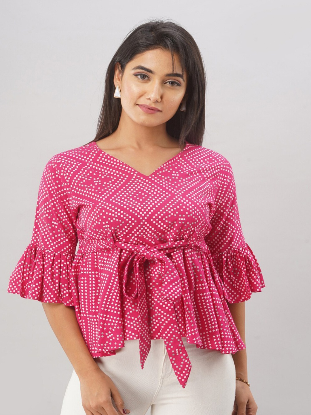 

KALINI Pink & White Bandhani Print Cinched Waist Top