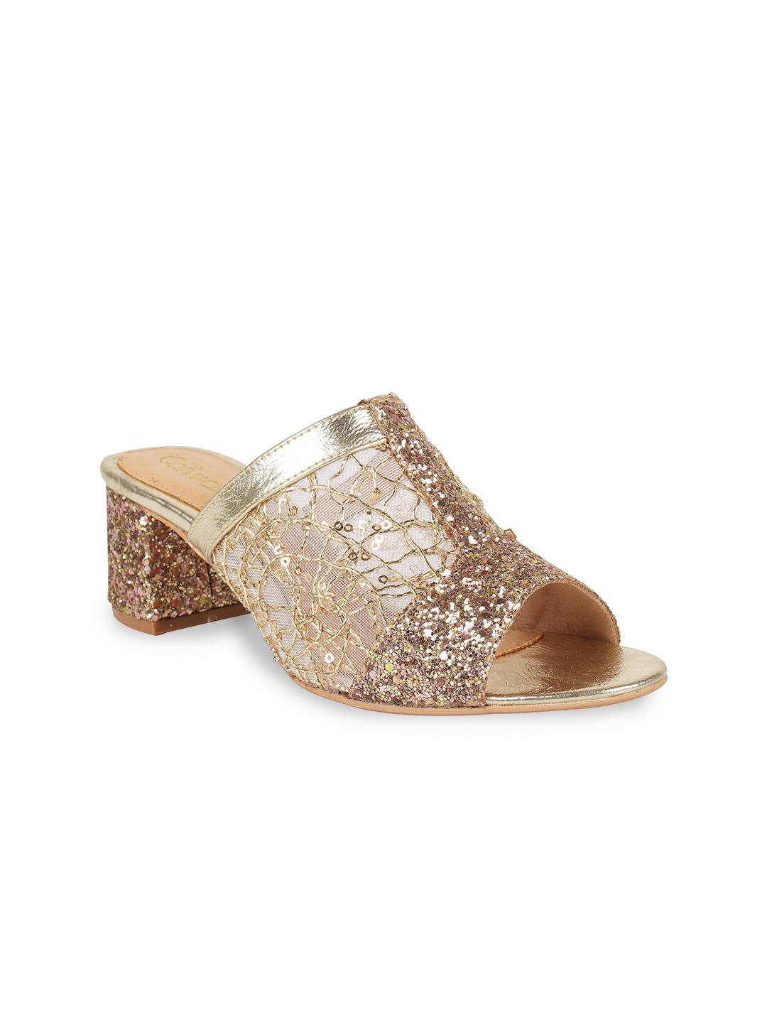 

Catwalk Embellished Open Toe Party Block Heels, Gold