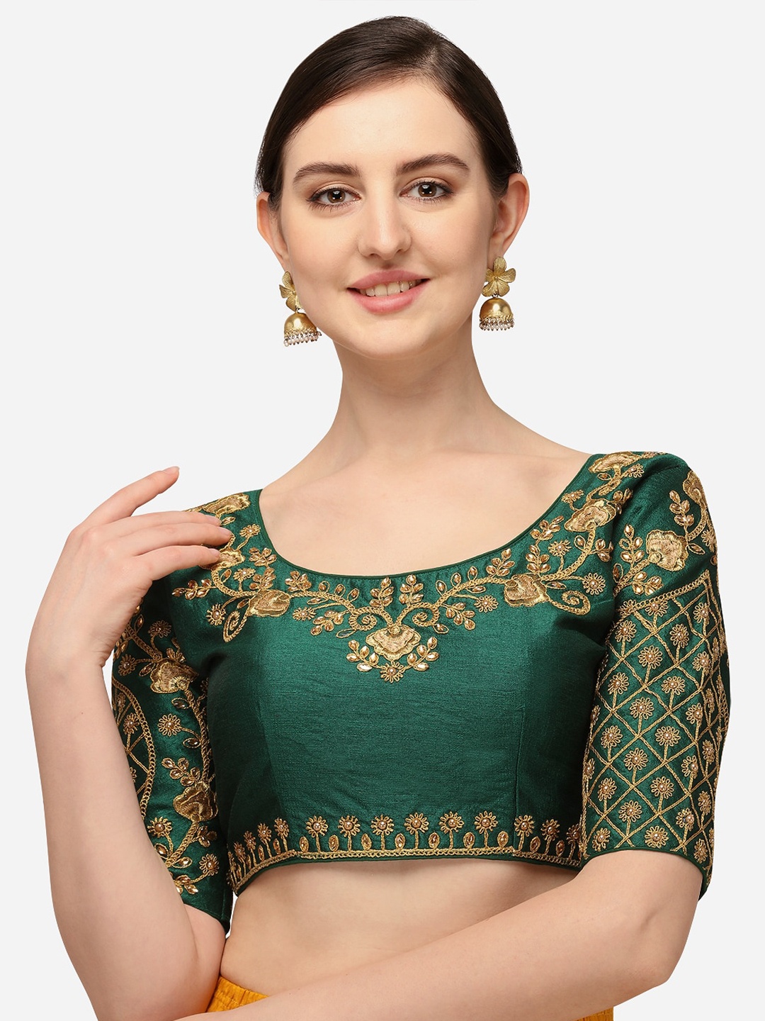 

Mesmore Women Green & Gold-Coloured Embroidered Silk Saree Blouse