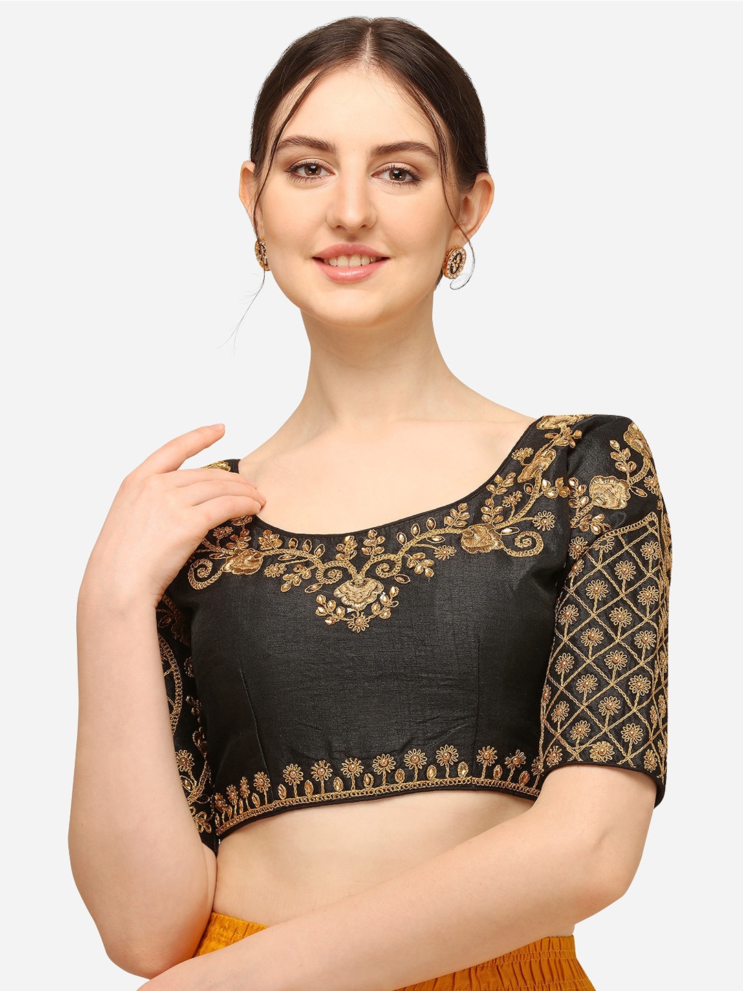 

Mesmore Women Black & Golden Embroidered Silk Saree Blouse