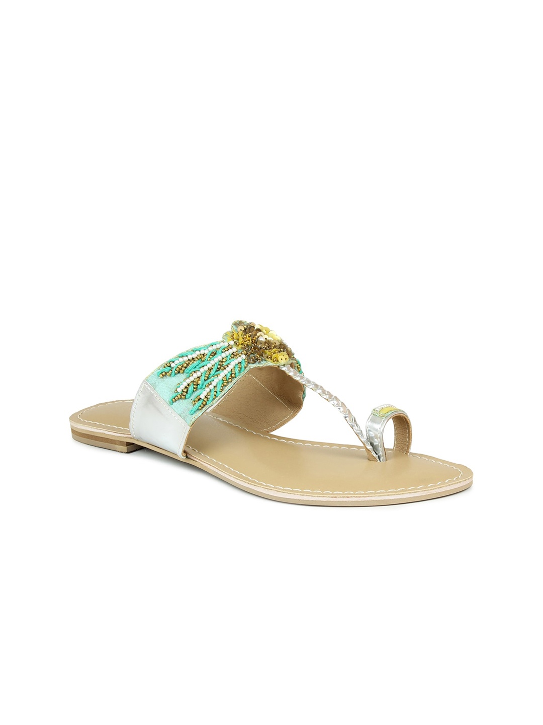 

DESIGN CREW Women Green Ethnic Woven Design One Toe Flats