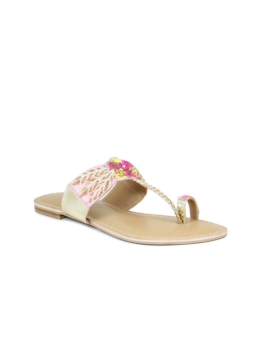 

DESIGN CREW Women Pink & Gold-Toned Embellished Ethnic One Toe Flats