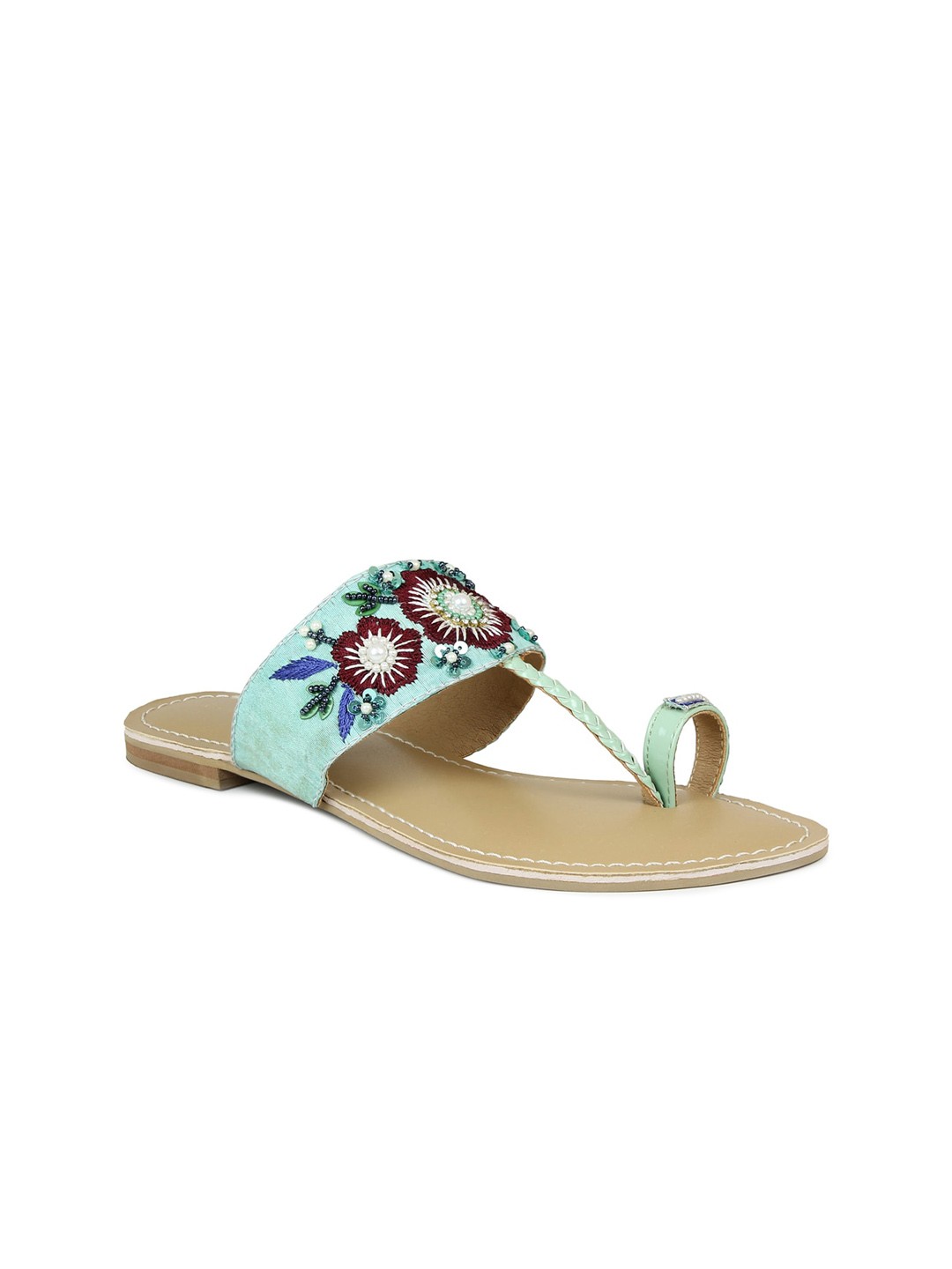 

DESIGN CREW Women Blue Embellished Leather Ethnic One Toe Flats