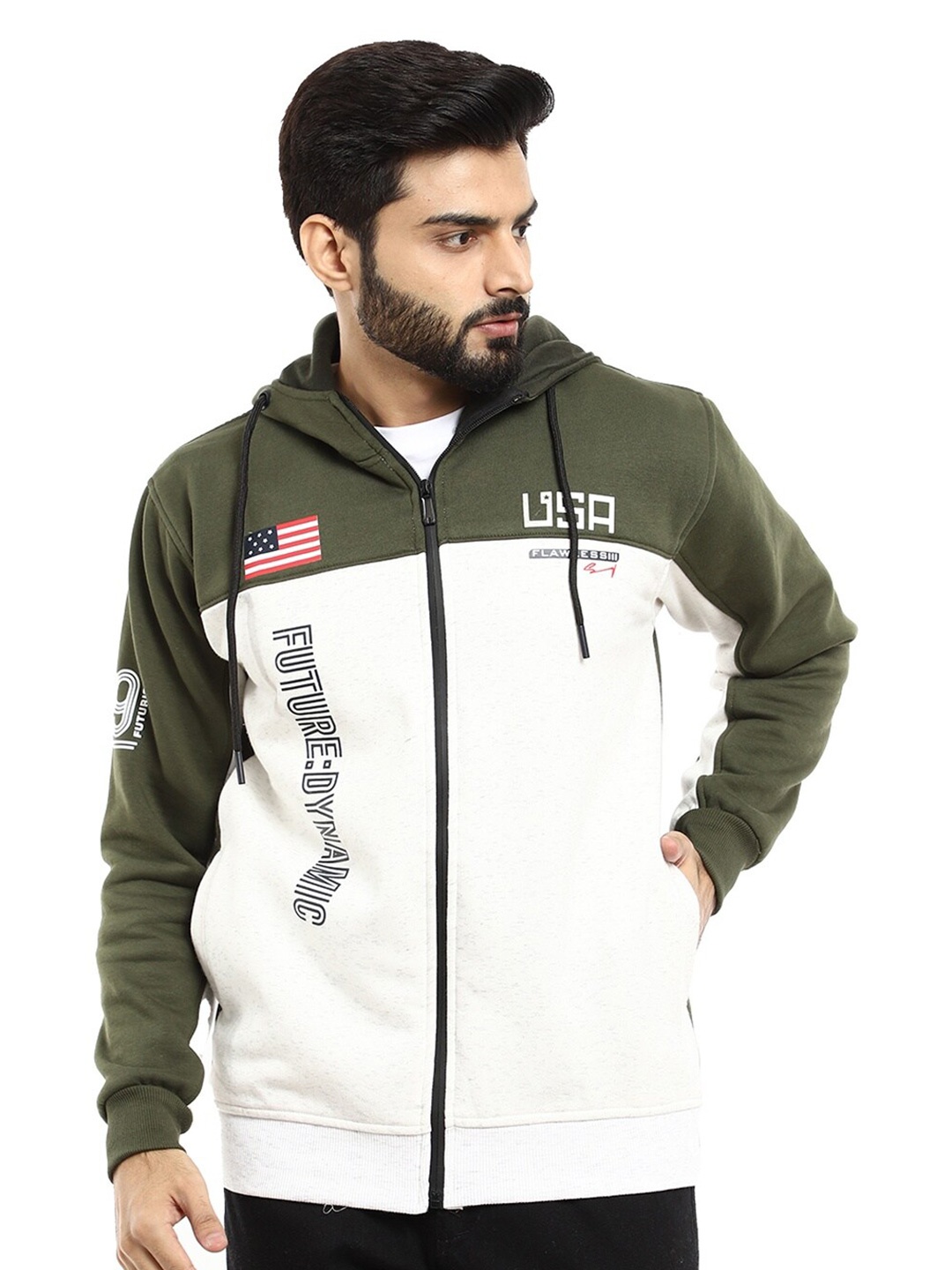 

V-Mart Men Olive Green & White Colourblocked Hooded Sweatshirt