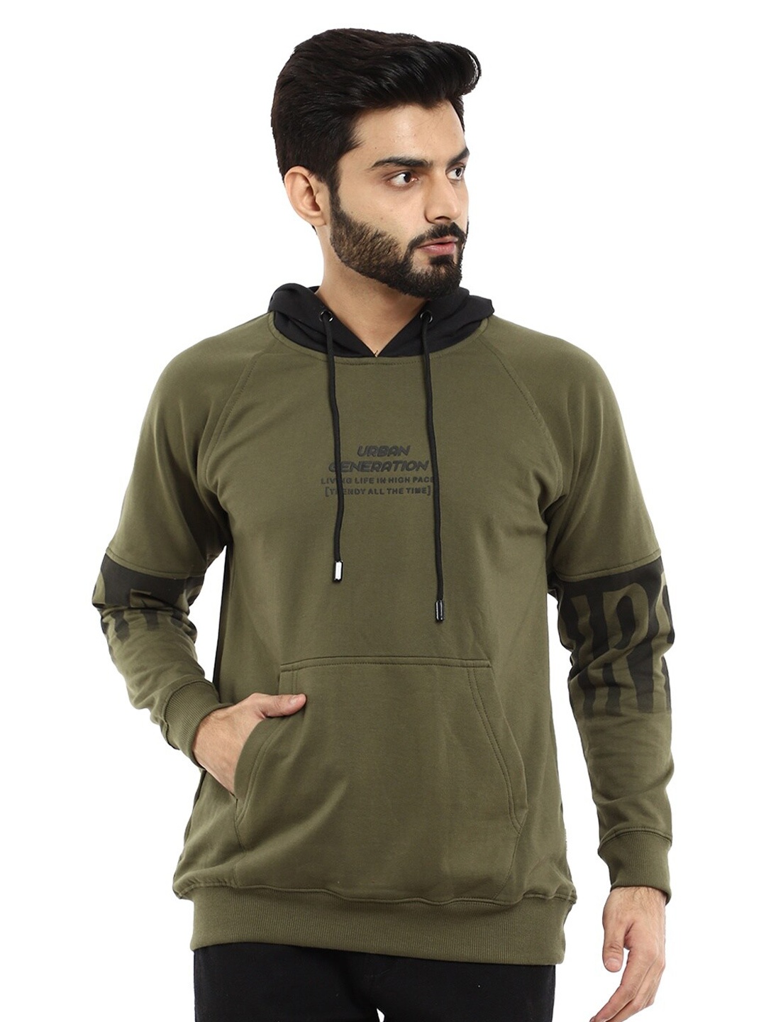 

V-Mart Men Olive Green Printed Hooded Sweatshirt