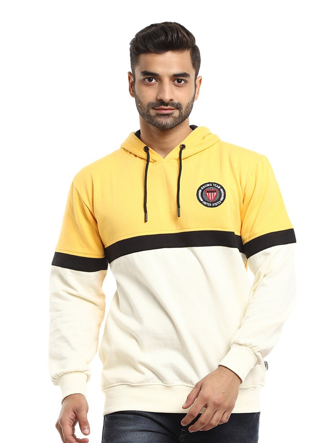 

V-Mart Men Off White & Yellow Colourblocked Hooded Sweatshirt