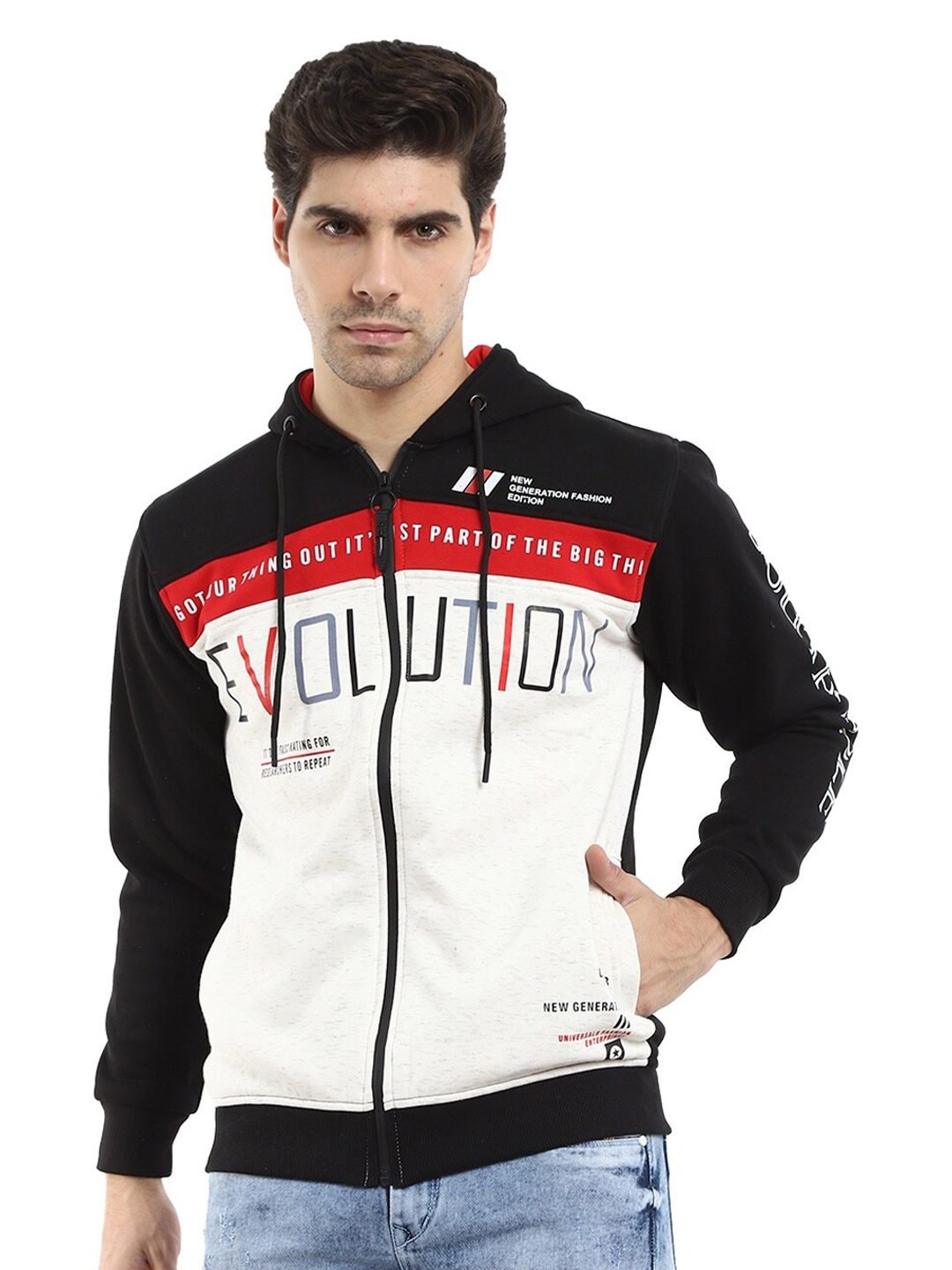 

V-Mart Men Black & White Colourblocked Hooded Sweatshirt