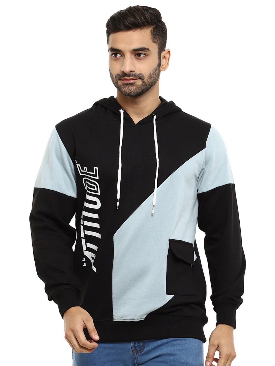 

V-Mart Men Black Colourblocked Hooded Sweatshirt