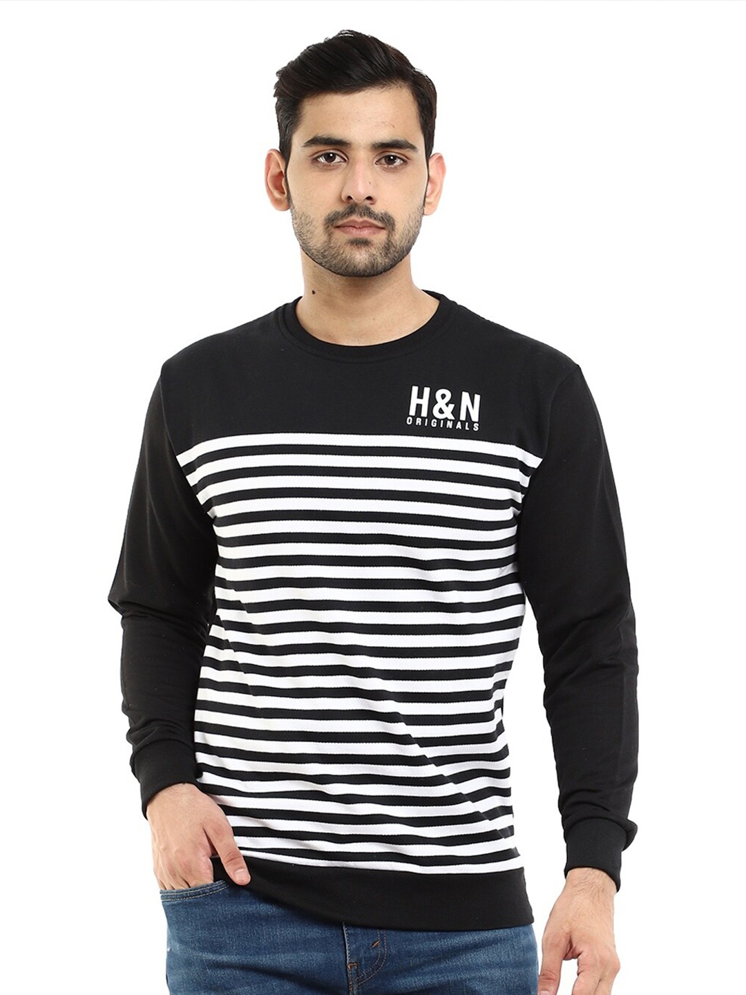 

V-Mart Men Black Striped Sweatshirt