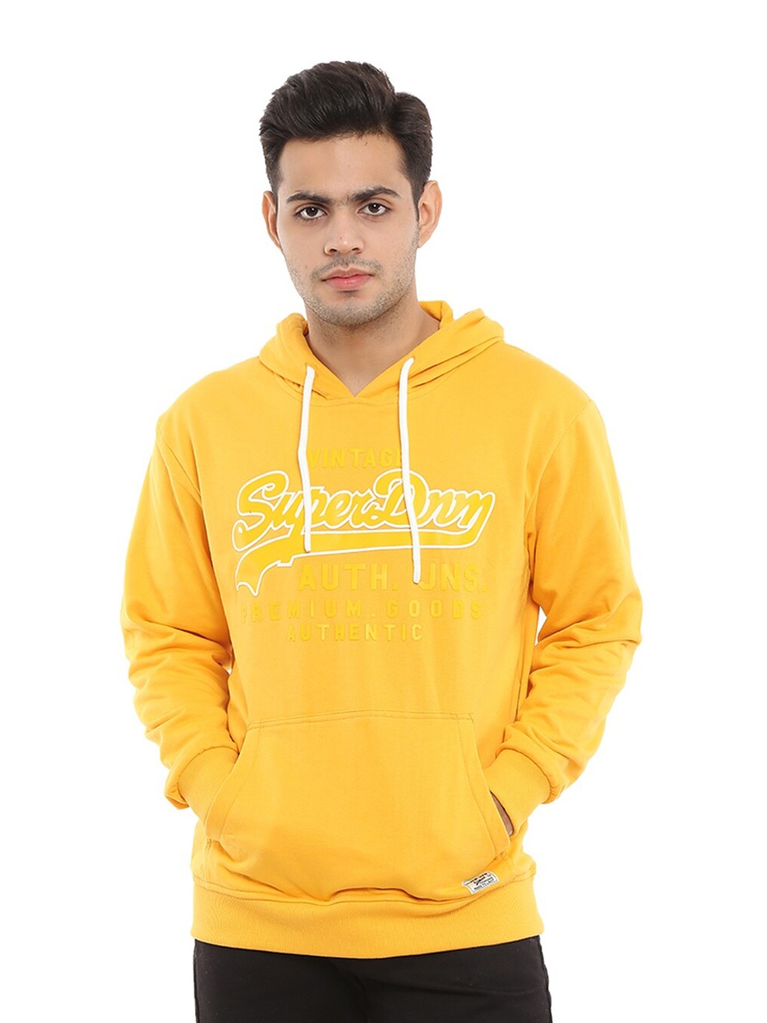 

V-Mart Men Yellow & White Printed Hooded Sweatshirt