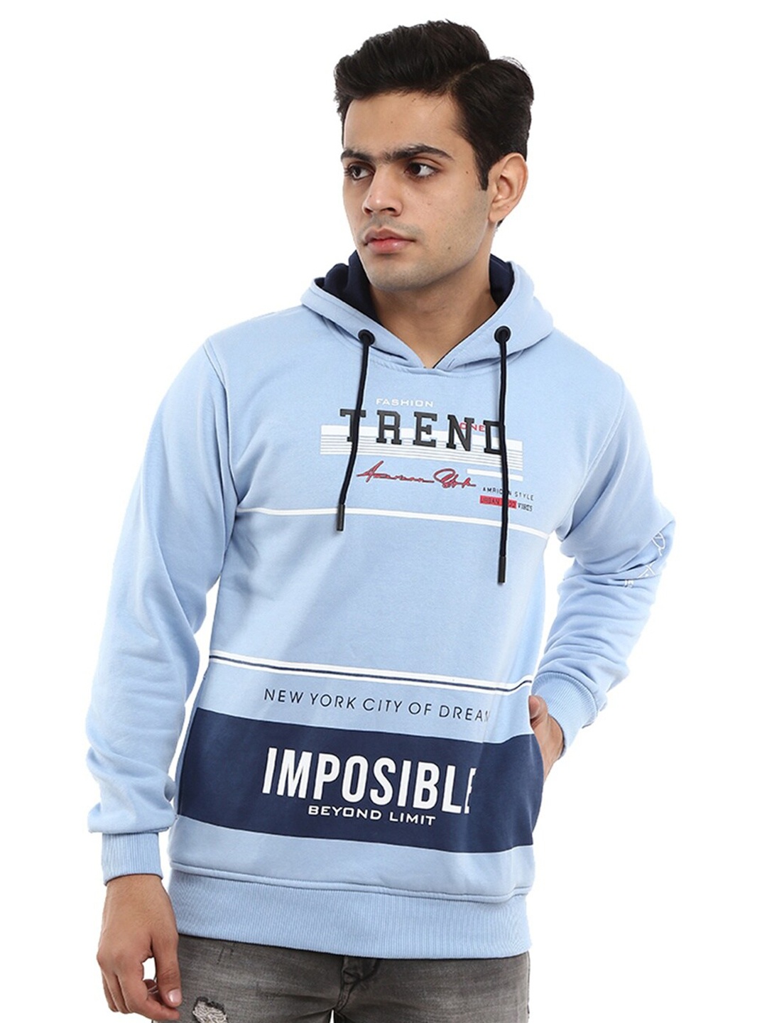 

V-Mart Men Blue Printed Hooded Sweatshirt