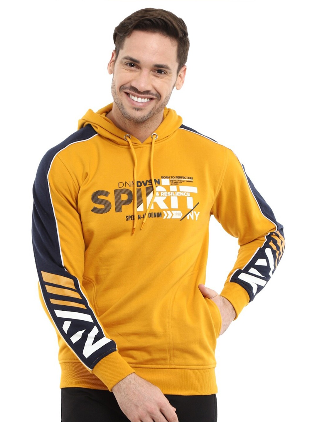 

V-Mart Men Mustard Printed Hooded Sweatshirt