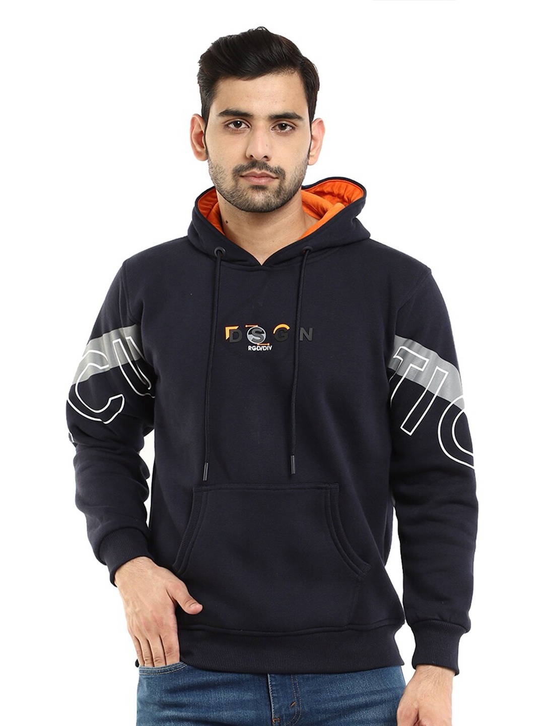 

V-Mart Men Blue Printed Hooded Sweatshirt, Navy blue